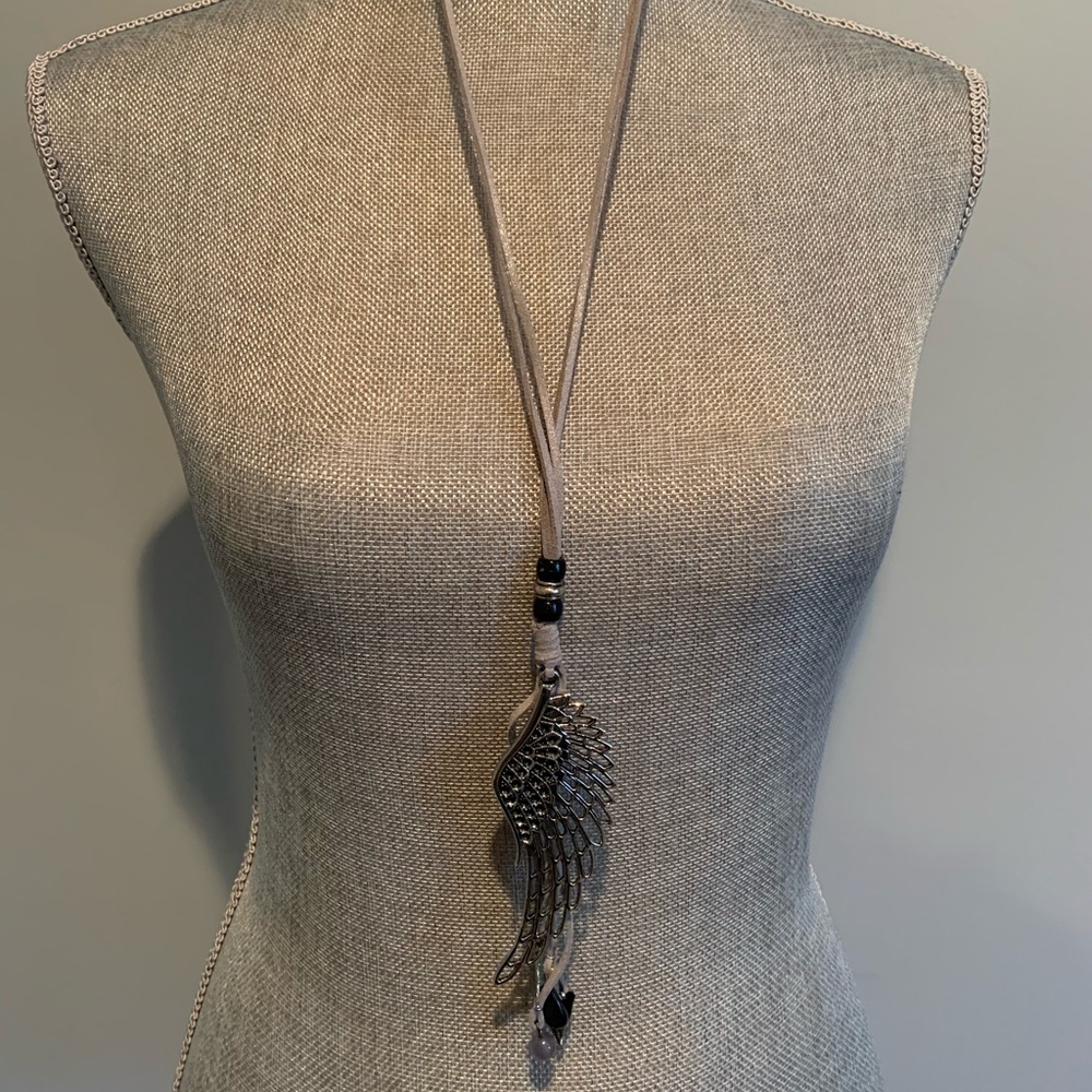Silver angel wing necklace with beaded tassels